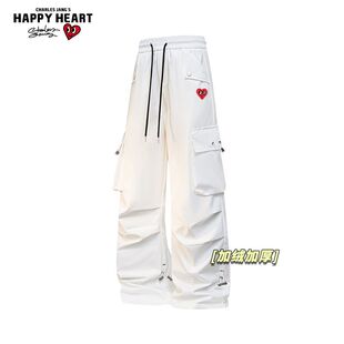 查尔斯桃心美式口袋工装裤男加绒加厚新款冬季百搭直筒伞兵长裤子