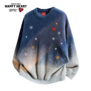 查尔斯桃心冬季情侣渐变雪花爱心刺绣加厚保暖针织圆领长袖毛衣男