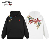 查尔斯桃心 宽松 连帽卫衣男女春秋季 仿刺绣花朵印花美式 落肩袖