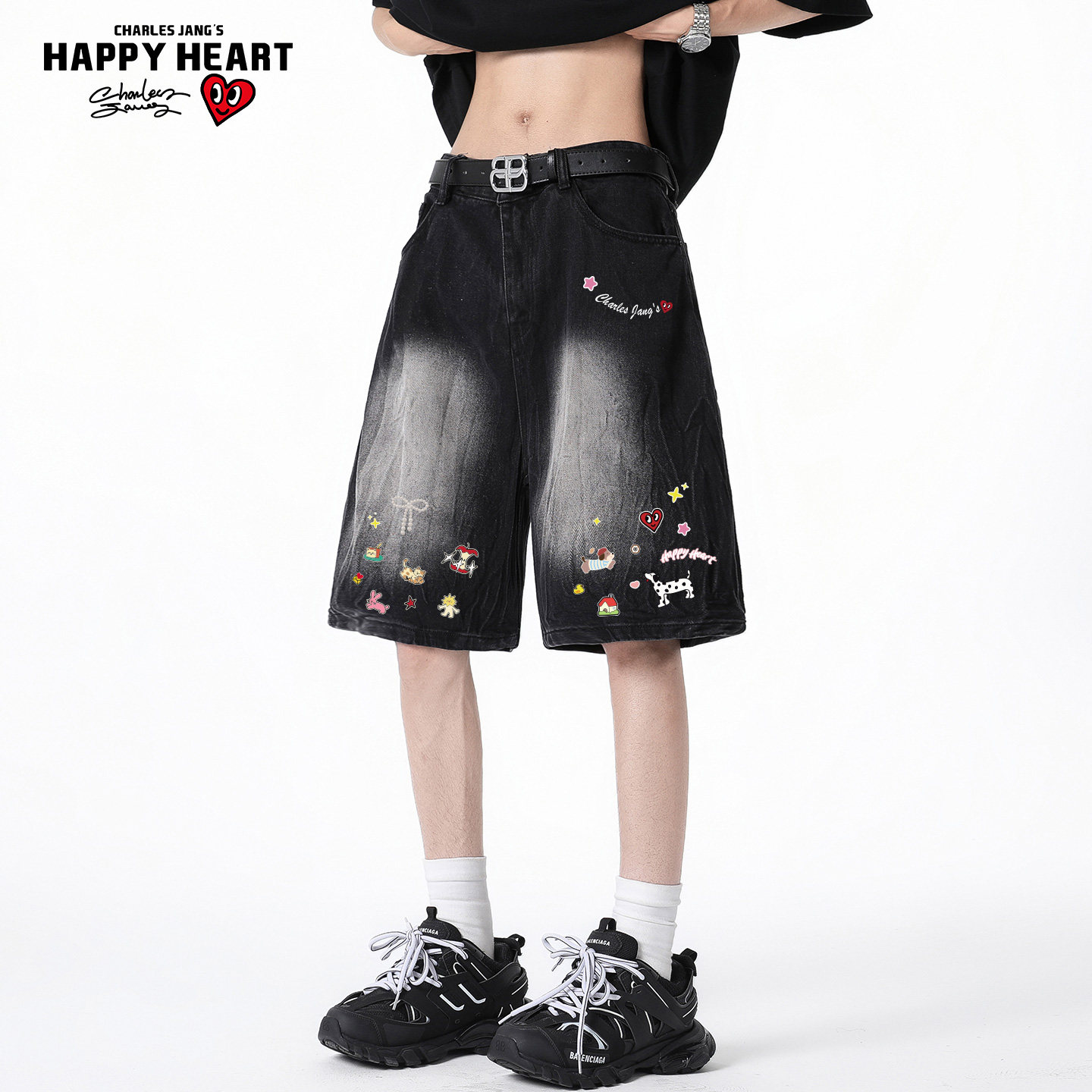 查尔斯桃心美式牛仔短裤男女夏季潮流潮牌街头渐变直筒休闲五分裤