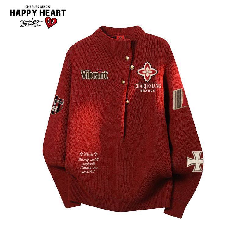 查尔斯桃心美式印花半高领针织衫男女2026年冬季新款红色情侣毛衣