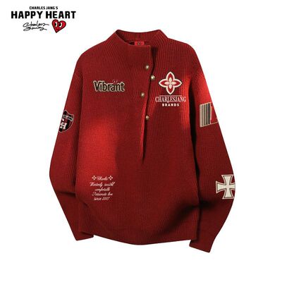 查尔斯桃心美式印花半高领针织衫男女2026年冬季新款红色情侣毛衣
