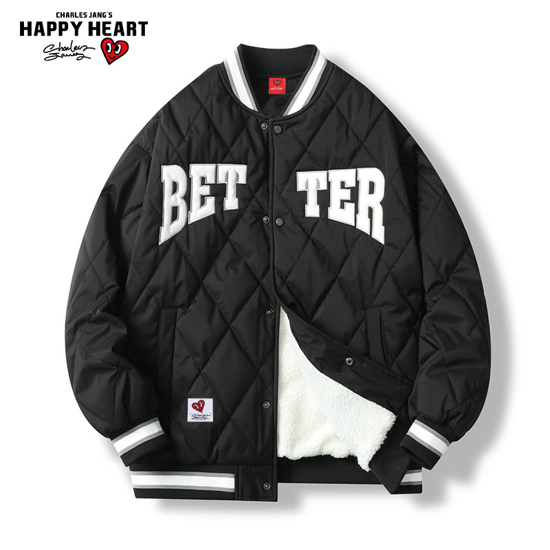 查尔斯桃心 棒球棉服男士冬季2025新款字母棉衣加绒加厚夹克外套