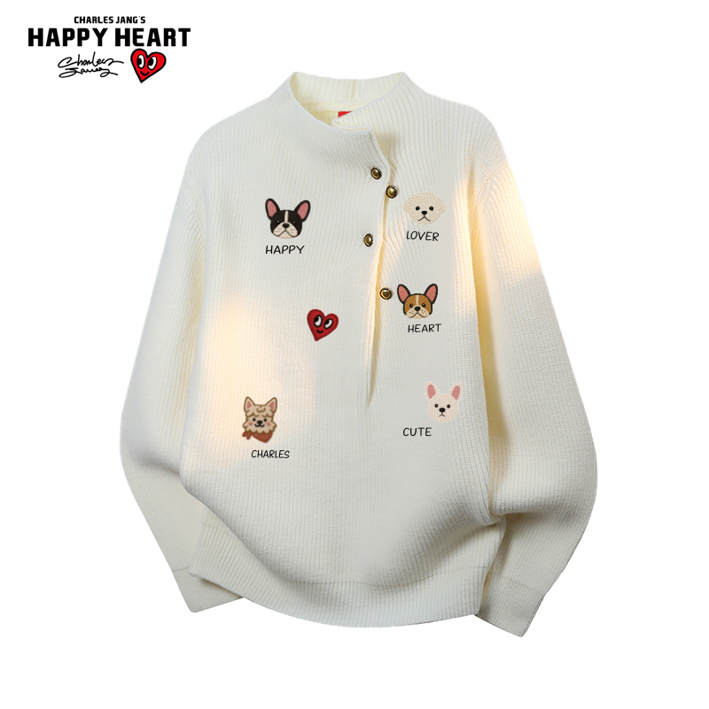 查尔斯桃心趣味小狗印花半高领毛衣服男女冬