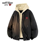 假两件飞行棉衣男加厚防寒冬季 查尔斯桃心 美式 潮牌情侣连帽棉服