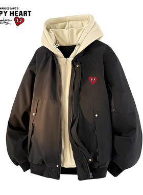 查尔斯桃心 美式假两件飞行棉衣男加厚防寒冬季潮牌情侣连帽棉服