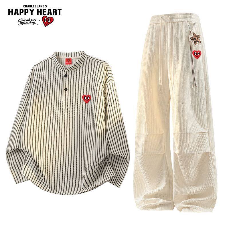 查尔斯桃心 美式撞色条纹长袖T恤套装男女春秋潮牌长裤两件套,男装,休闲运动套装,淘宝优惠券,粉丝福利购,淘宝优惠卷