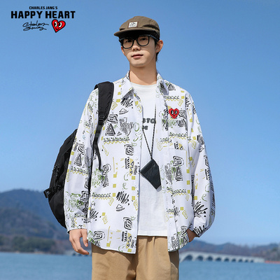 查尔斯桃心夏威夷冰丝长袖衬衫男