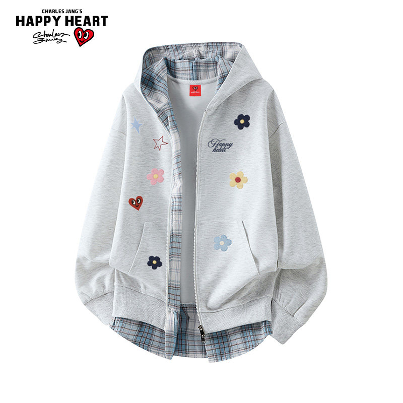 查尔斯桃心美式花朵涂鸦印花连帽开衫卫衣男女秋冬季拼接格子外套