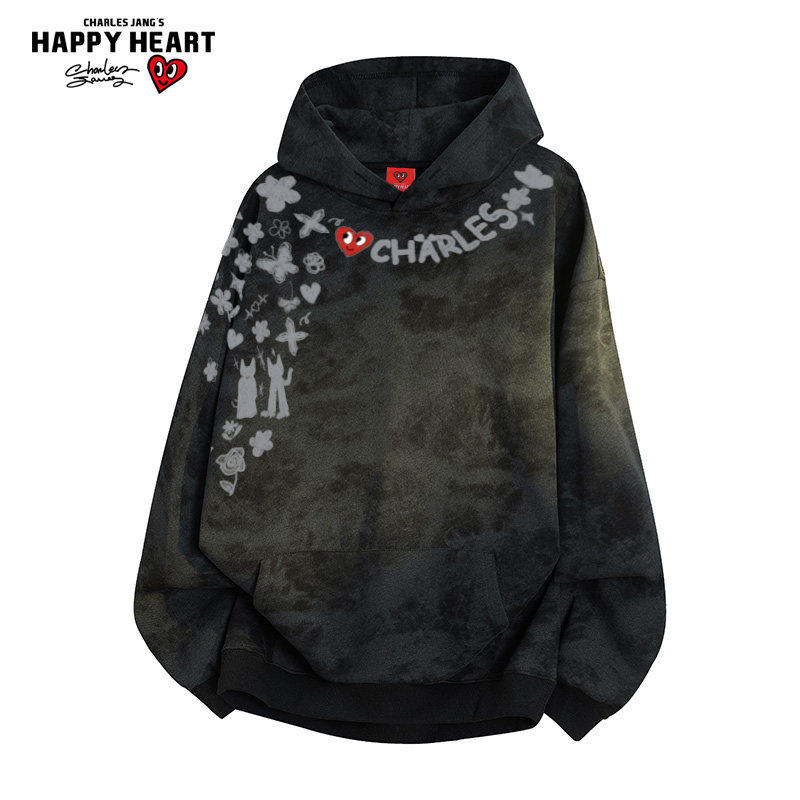 查尔斯桃心扎染连帽卫衣男涂鸦印花秋冬季慵懒风宽松爱心情侣上衣