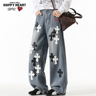 查尔斯桃心美式十字架牛仔裤男春秋冬季宽松水洗直筒阔腿长裤子潮