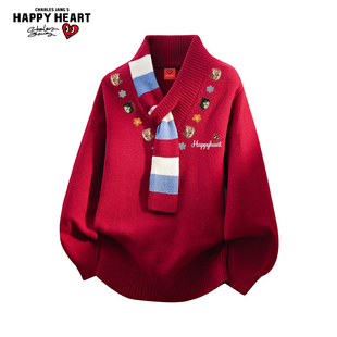 查尔斯桃心小猫印花围巾领红色毛衣服男女冬季新款宽松情侣针织衫