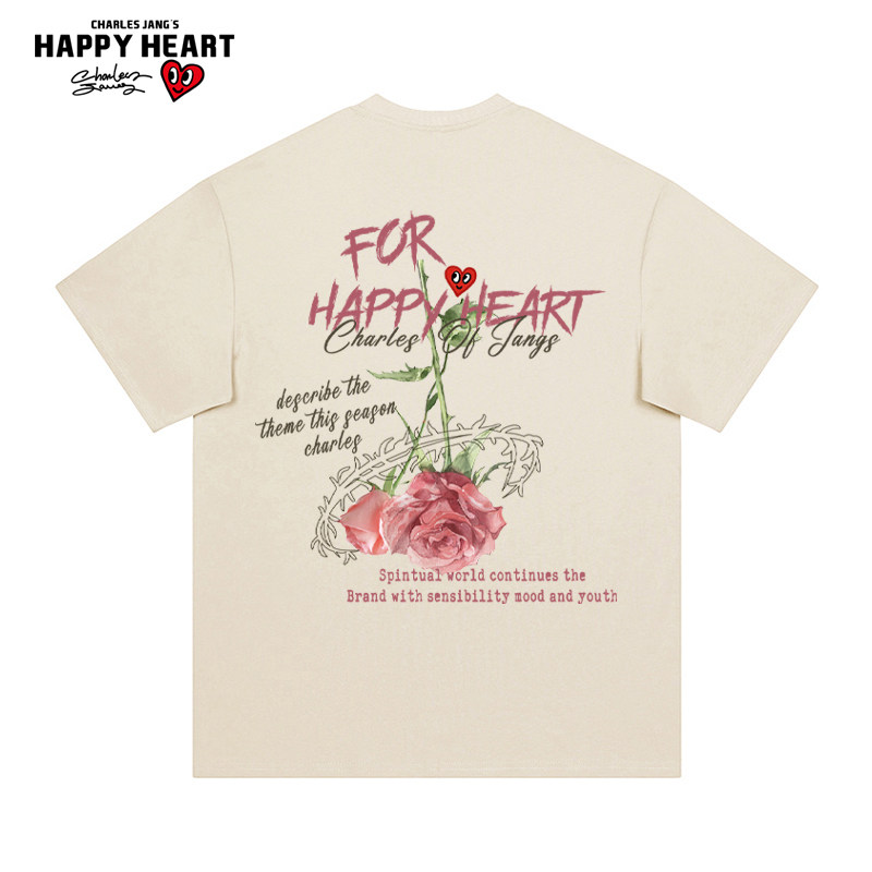 查尔斯桃心 短袖t恤男美式倒立玫瑰字母印花纯棉重磅夏季圆领半袖
