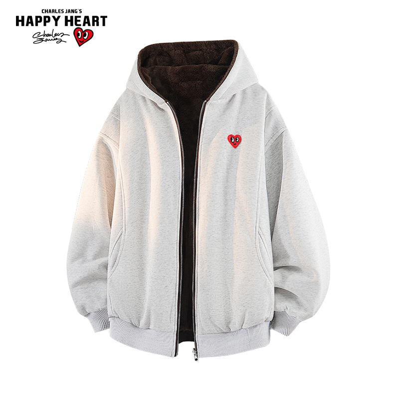 查尔斯桃心美式双面穿加绒开衫卫衣男秋冬季