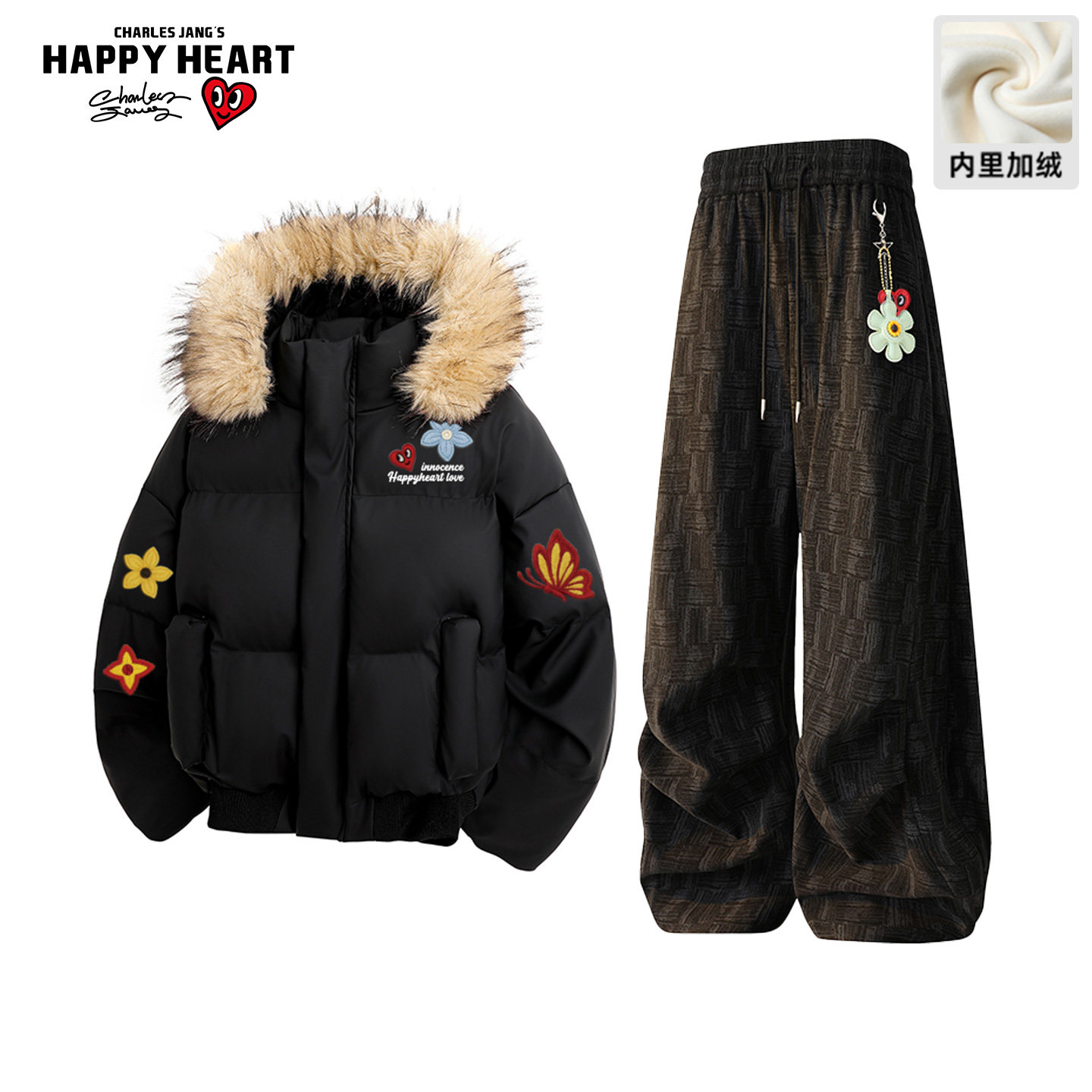 查尔斯桃心冬季毛领连帽棉服套装男新款情侣加绒加厚休闲裤两件套,男装,休闲运动套装,淘宝优惠券,粉丝福利购,淘宝优惠卷