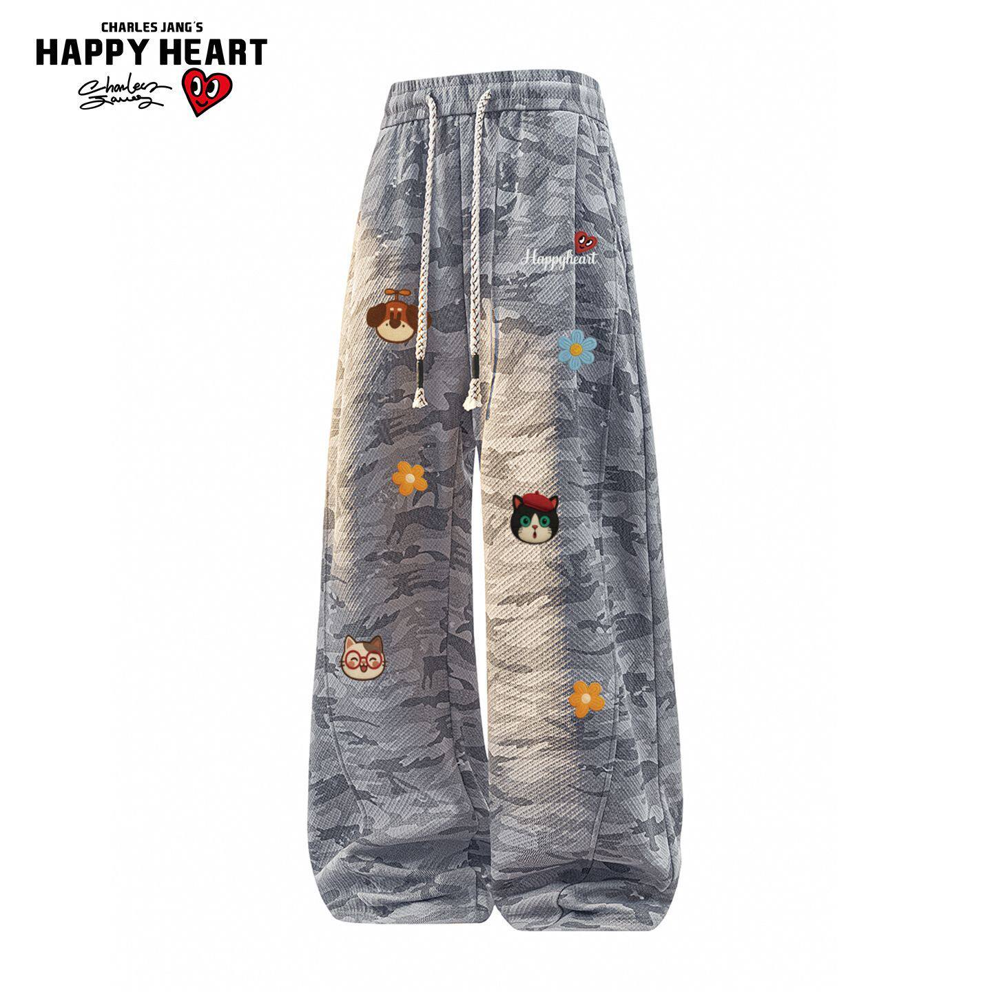 查尔斯桃心 美式小猫涂鸦迷彩满印宽松休闲裤男女直筒百搭长裤子