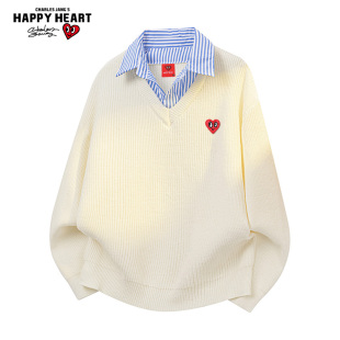 宽松百搭落肩上衣 新款 查尔斯桃心美式 拼色格纹假两件毛衣男秋冬季