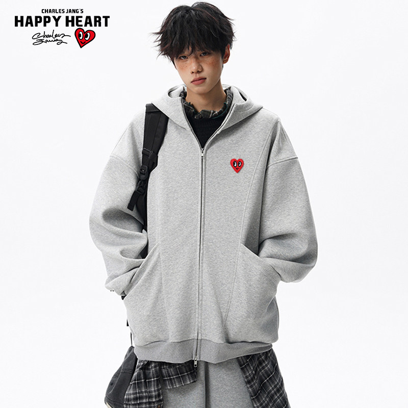 查尔斯桃心美式解构重磅连帽开衫拉链卫衣男女款春秋情侣廓形外套