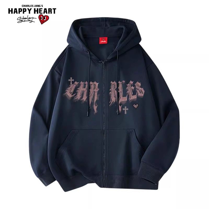 查尔斯桃心 美式开衫连帽卫衣男春秋季2025新款潮牌百搭休闲外套