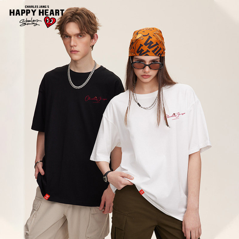 查尔斯桃心 短袖T恤男美式重磅刺绣字母纯棉宽松休闲男女2026夏季