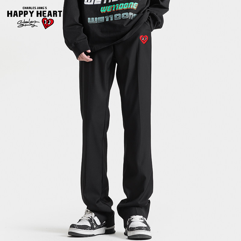 查尔斯桃心 美式高街黑色裤子男女2026年春秋季宽松直筒休闲长裤