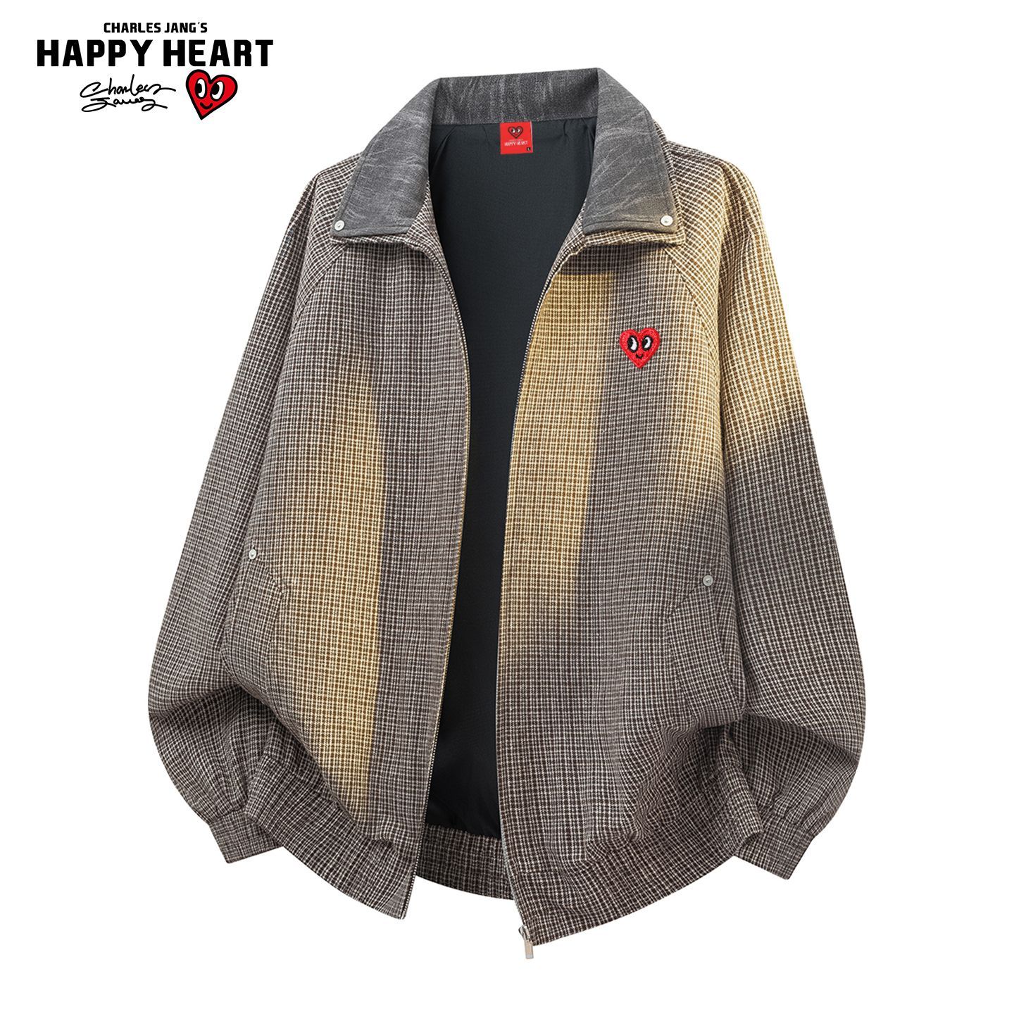 查尔斯桃心千鸟格翻领夹克男外套