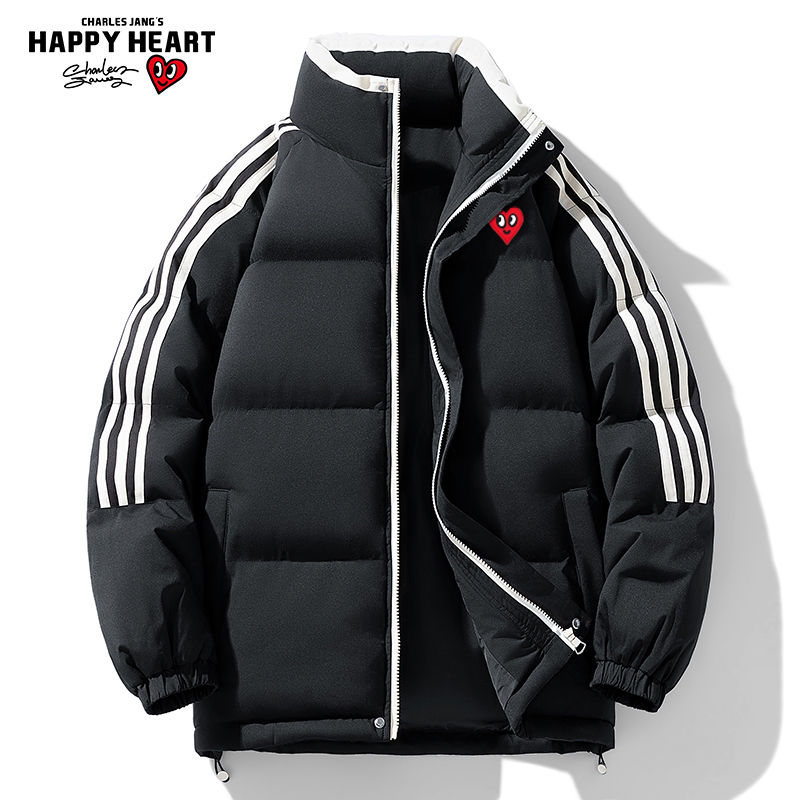 查尔斯桃心立领条纹棉服男冬季新款保暖棉袄衣服防风防水休闲外套