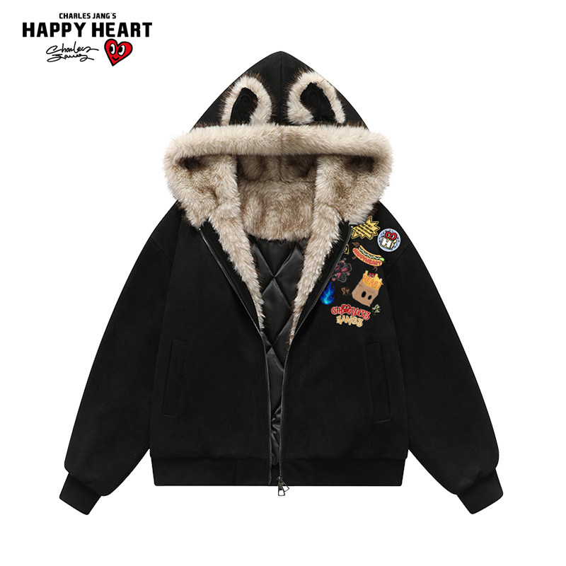 查尔斯桃心美式卡通涂鸦连帽棉服男女冬季加厚保暖休闲情侣外套潮,男装,棉衣,淘宝优惠券,粉丝福利购,淘宝优惠卷