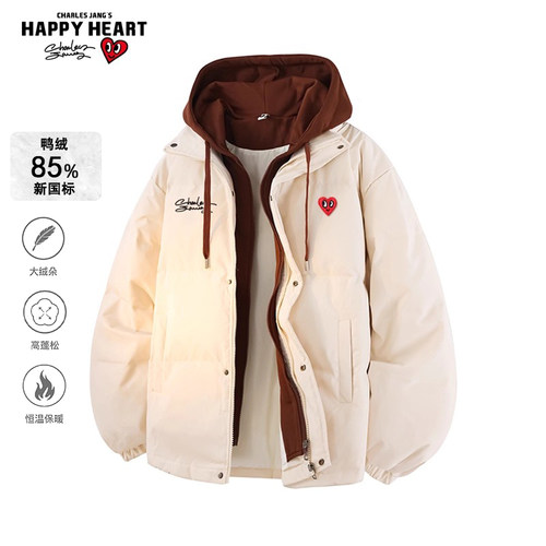 查尔斯桃心美式拼接假两件羽绒服