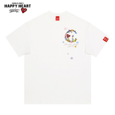 查尔斯桃心 花朵字母C印花纯棉短袖T恤男女夏季美式宽松潮牌情侣