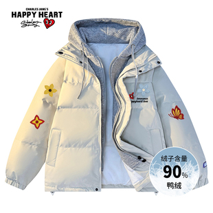 查尔斯桃心90鸭绒假两件美式复古拼接蝴蝶花卉加厚连帽羽绒服外套