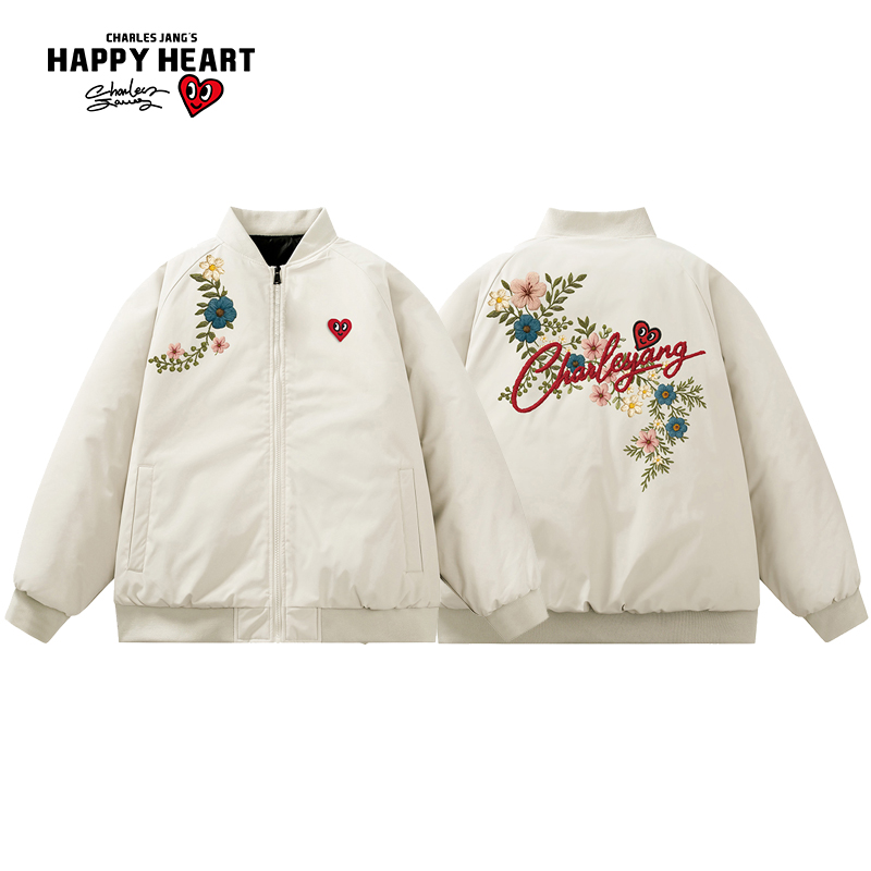 查尔斯桃心棒球领面包棉服男外套