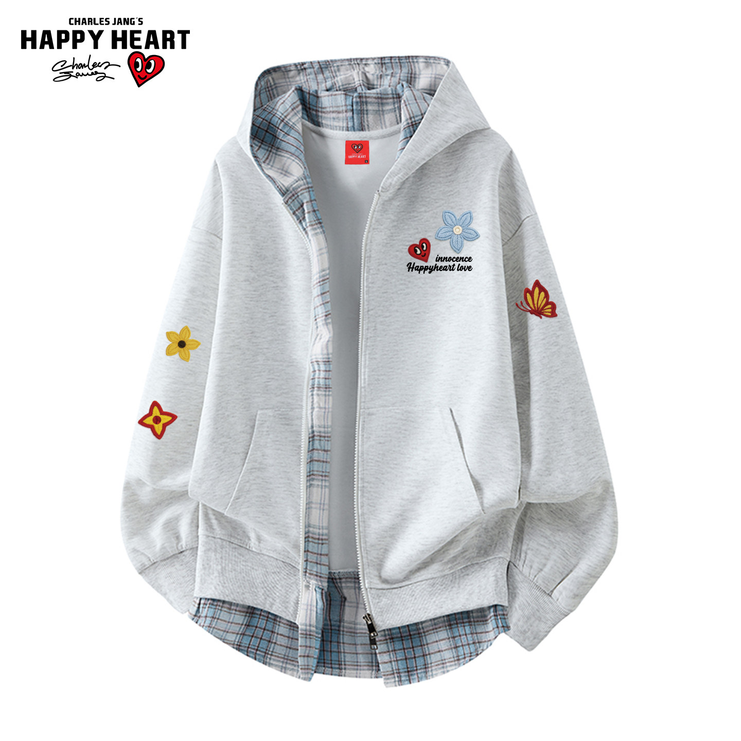 查尔斯桃心 美式花卉连帽开衫卫衣男女春秋季休闲假两件格子外套