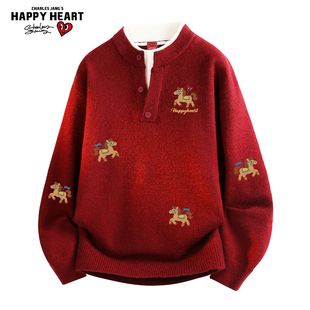 查尔斯桃心马年2026新款冬季毛衣男女保暖加厚宽松休闲情侣针织衫