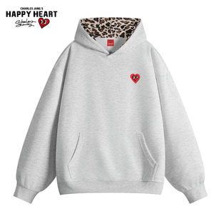 查尔斯桃心美式豹纹连帽卫衣男女春秋季2026新款潮牌百搭落肩上衣