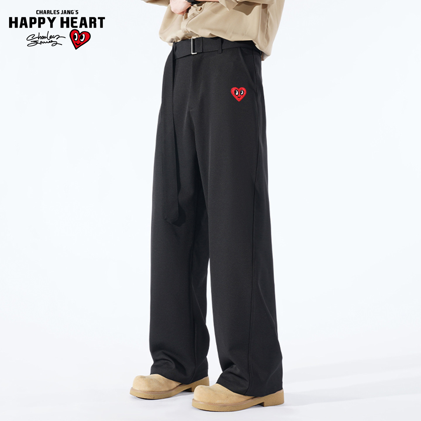 查尔斯桃心黑色休闲垂感阔腿西裤男女秋冬季加绒加厚腰带西装长裤