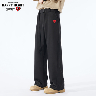 查尔斯桃心黑色休闲垂感阔腿西裤男女秋冬季加绒加厚腰带西装长裤
