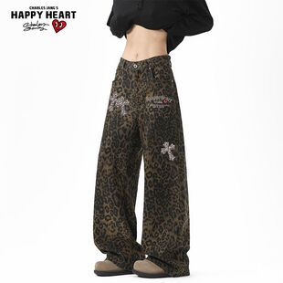 查尔斯桃心豹纹十字架印花潮牌牛仔裤男春秋季休闲百搭阔腿长裤子