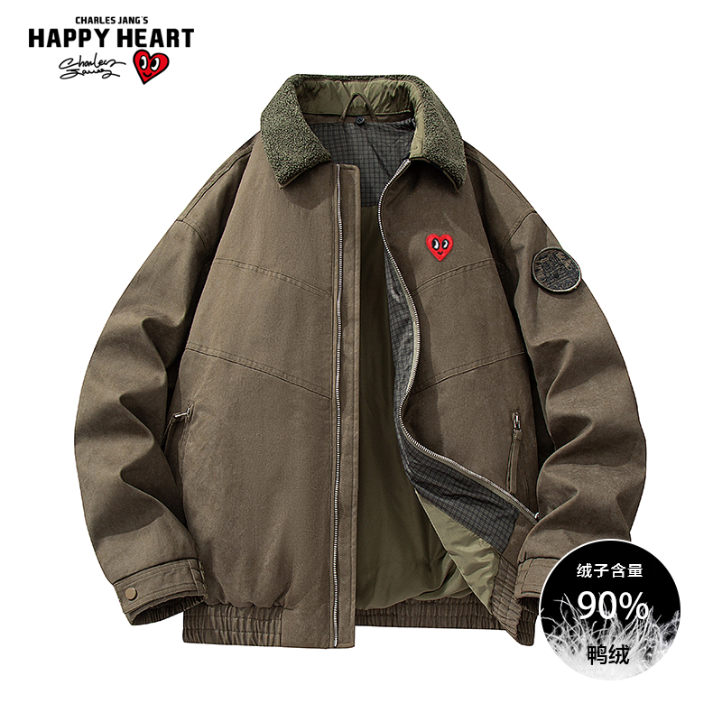 查尔斯桃心美式翻领拼接90羽绒服男士冬季新