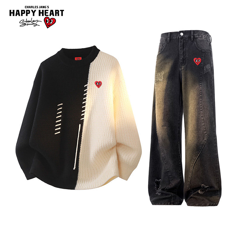 查尔斯桃心休闲套装男女冬季拼色圆领卫衣牛仔长裤子休闲两件装潮