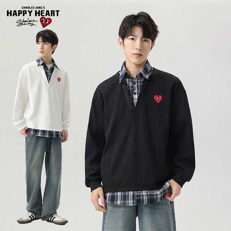 查尔斯桃心心衬衫领格纹卫衣男
