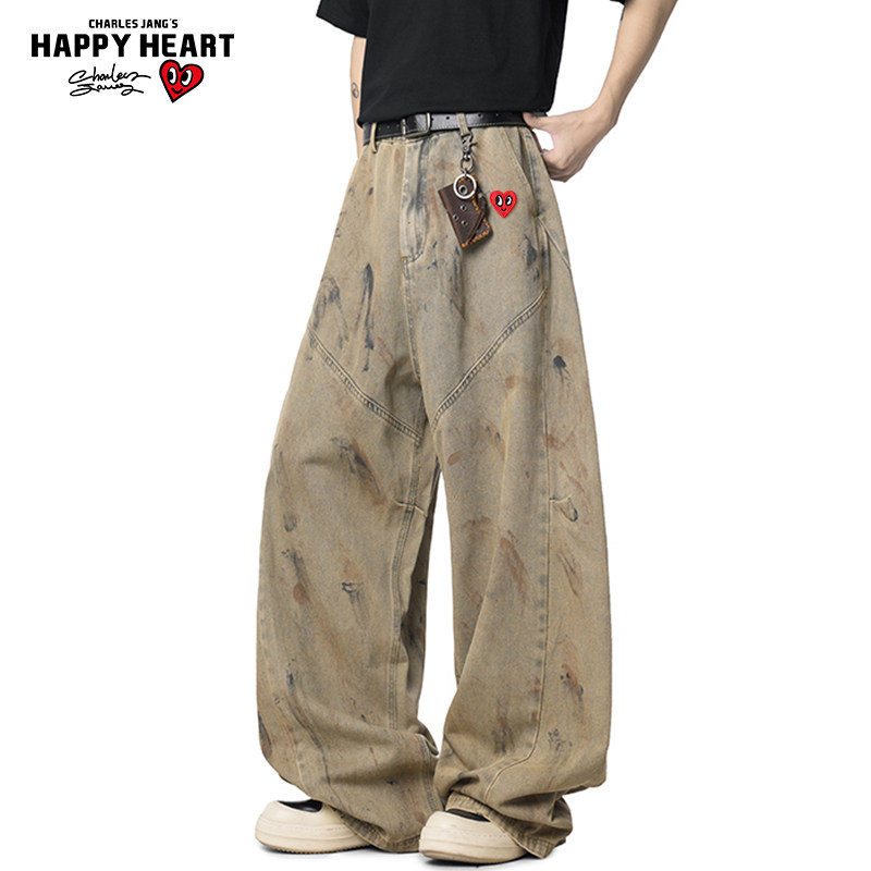 查尔斯桃心美式复古涂鸦弯刀牛仔裤男女春秋季宽松阔腿拼接长裤子,男装,休闲裤,淘宝优惠券,粉丝福利购,淘宝优惠卷