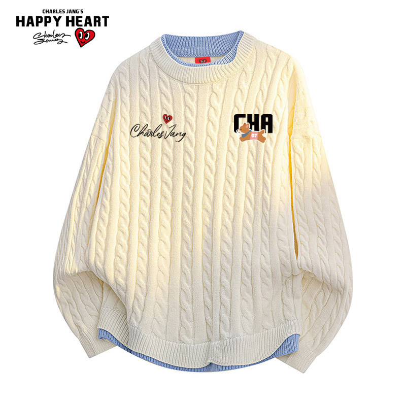 查尔斯桃心新款假两件圆领毛衣冬季加绒保暖慵懒字母印花针织上衣