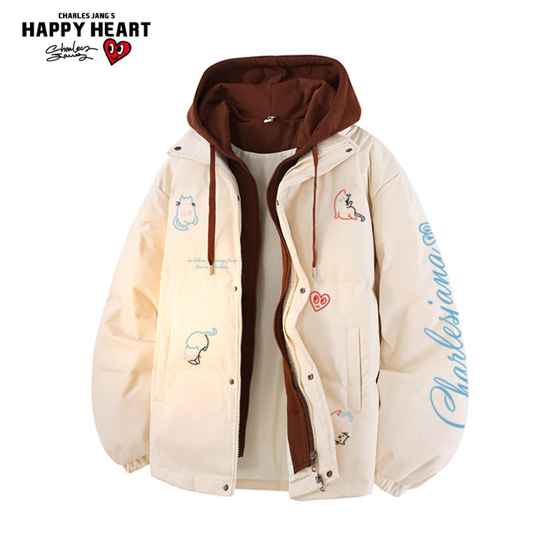 查尔斯桃心小猫印花假两件羽绒服