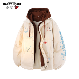 查尔斯桃心小猫印花假两件羽绒服男女冬季新款潮防寒休闲连帽外套