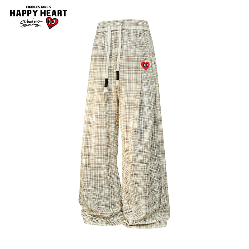 查尔斯桃心美式复古格子休闲裤男女宽松百搭潮流运动情侣直筒裤子