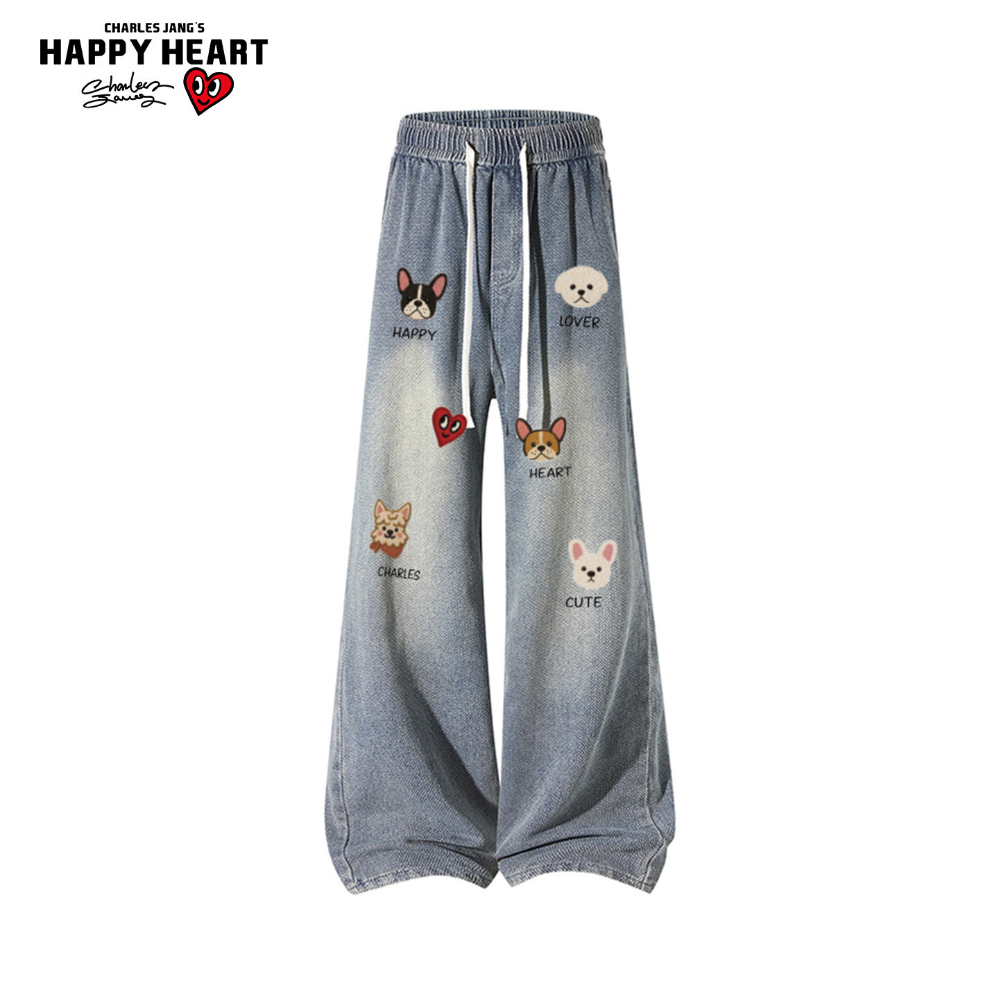 查尔斯桃心美式复古牛仔裤男春秋季休闲工装刺绣重磅直筒阔腿长裤