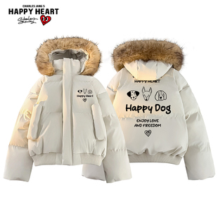 查尔斯桃心棉衣男超厚保暖冬季字母印花潮牌新款连帽防寒棉服外套