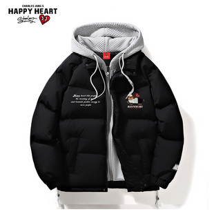 查尔斯桃心腊肠狗印花假两件羽绒服男女冬季连帽短款休闲加厚外套
