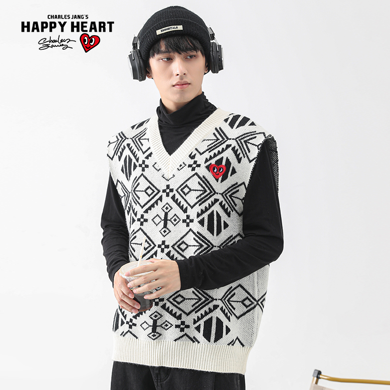 查尔斯桃心 拼色针织背心男秋冬季百搭无袖坎肩V领内搭毛衣马甲